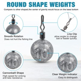 12Pcs Drop Shot Weights Kit Round Cannonball Fishing Sinkers Weights Bass Casting Fishing Weights Swivel Drop Shot Sinker Rig Tackle for Freshwater Saltwater Fishing(12Pcs 3/8oz)