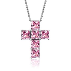 FFTByou Dainty Cross Necklace with Cubic Zircon for Women（Pink Zircon）, Exquisite, Cubic Zirconia Sterling Silver, Zircon