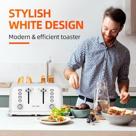 RAMJOY White Toaster 4 Slice, Dual Independent Controls, Extra Wide Slot Toasters for Bagel, Bread, Waffles, 7 Shade Settings, 4 Main Functions, Removable Crumb Tray, 1500 Watts, White Stainless Steel