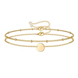 Dainty Gold Bracelets for Women, 14K Gold Filled Adjustable Layered Bracelet Cute Evil Eye Oval Chain Pearl Bar Turtle Gold Bracelets for Women Jewelry, 9 inch, 14K gold plated, filled