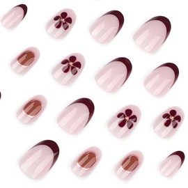 24 Pcs Oval Press on Nails Short Almond Nail Tips,YEFIUO Pink Fake Nails Press ons Brown French Glue on Nails Summer Glossy Acrylic Nail Art Kit Full Cover False Nails with Flowers Design for Ma'am