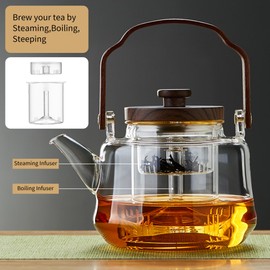 Glass Teapot with 2 Infusers, Heat Borosilicate Glass, Stovetop Safe Tea Kettle, Glass Tea Pot with Infuser and Lid for Loose Tea, 1090ml/36.9oz
