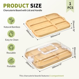 GLOKUUCA Charcuterie Board with Lid and Handle - Portable Cheese Board for Travel,Bamboo Cutting Board for Kitchen,Gifts for House Warming, Bridal Shower,Wedding(6 Compartment, White)