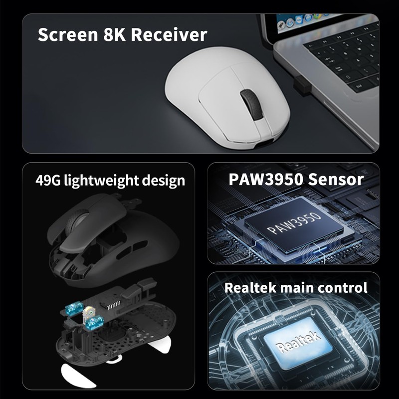 Darmoshark N7 Wireless Gaming Mouse,Tri-Mode 8K/USB-C/Bluetooth,Up to 30000DPI,PAW3950 Optical Sensor