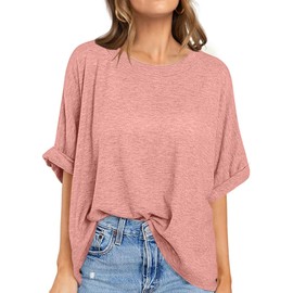 UEU Summer Oversized Tops for Women Crewneck Loose Fit T-Shirt Workout Tee Large Pink
