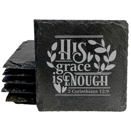 Faith and Hope: Laser Etched Inspirational Coasters: Finding Strength in Faith - "His Grace is Enough" - Square Slate - set of 8