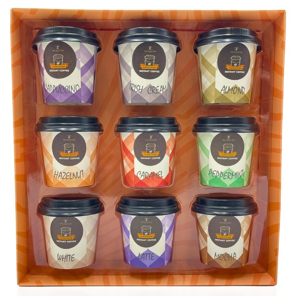 Coffee Gift Set - 9 Instant Coffee Travel Cup Set - Cappuccino, Irish Cream, Almond, Hazelnut, Caramel, Peppermint, White, Latte, and Mocha Flavoured Coffee - Christmas Coffee Gifts for Men and Women