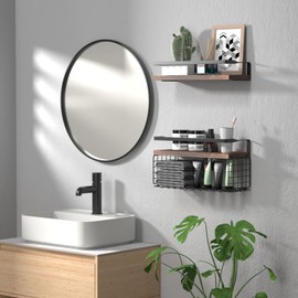 TARGETHOBBY HOBBYMATE Floating Shelves, Wall Mount Storage & Organizer Shelf with Metal Basket and Guardrail, Wall Decor Display Wood Shelves - Dark Brown