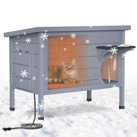 PETIMBER Heated Cat House for Outside - Insulated Cat House Outdoor with Liner, Heated Pad, Escape Door, Winter Weatherproof Feral Cat Shelter, 2-Room Wooden Cat Home for Multiple Cats, Grey