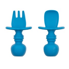 Bumkins Utensils, Silicone Chewtensils, Baby Fork and Spoon Set, Training Utensils, Baby Led Weaning Stage 1 for Ages 6 Months+ in Dark Blue, (Pack of 2)