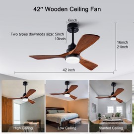 XINGSIYUELYX 52'' Wood Ceiling Fan with Lights and Remote, 3 Walnut Fan Blade and 6 Speed DC Motor, Indoor Outdoor Ceiling Fan for Patio, Bedroom, Living Room, Kitchen, Office