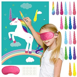 FEPITO Pin The Horn on The Unicorn Birthday Party Game with 24 Horns for Unicorn Party Supplies, Kids Unicorn Party Games Decorations, Unicorn Party Bags Fillers for Kid