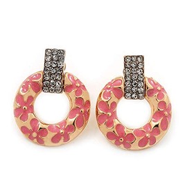 25mm Tall/Pink Enamel Floral Pattern Circle Drop Earrings in Gold Tone