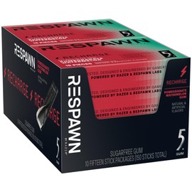 RESPAWN Energy and Focus Gum by Razer, Recharge Chewing Gum Sugar-Free - Pomegranate Watermelon, 15 Count (Pack of 10)