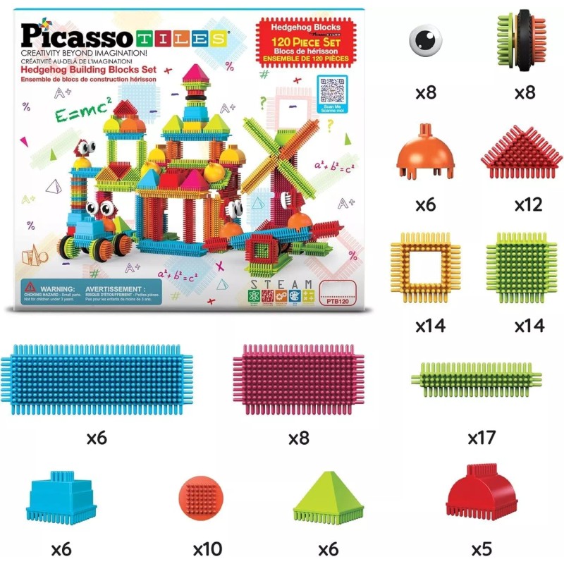 PicassoTiles 120pcs Hedgehog Interlocking Building Blocks Tiles Construction