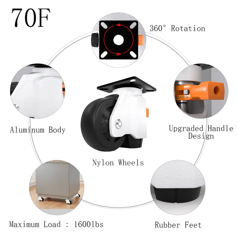Upgrade Leveling Casters with Ratchet Handle, Height-Adjustable Plate Casters, White