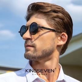 KINGSEVEN Round Sunglasses Men's Polarised Classic Retro Gothic Steampunk Sunglasses Round with UV Protection, Black Grey