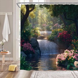 CCXTCZ Garden Shower Curtain Floral Blossom Forest Waterfall Rustic Nature Scenery Spring Landscape Fabric Bathroom Decor Curtains with Hooks 70W x70H,