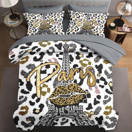 WeCozy Twin Size Comforter Set with Pillowcase & Sham, Paris Black Gold Tower 5 Pcs Bedding for Kids and Adults, French Golden Leopard Bed in a Bag with Flat Fitted Sheet