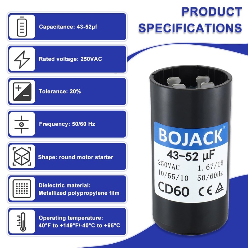 BOJACK 43-52 uf/MFD 250 VAC ±20% 50/60 Hz CD60 Round