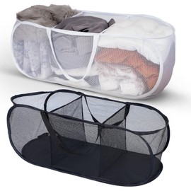 2 Pack Collapsible Mesh Laundry Hamper, 3 Compartment Sortable Pop up Laundry Basket, Foldable Popup Laundry Hampers, Portable Laundry Basket for Family College Dorm Hoom Dirt Clothes Bin with Handle
