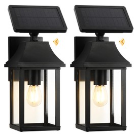 VORZU Solar Dusk to Dawn Lights Outdoor, Dual Channel Power Motion Sensor Wall Lighting Fixture with E26 3V, Exterior Waterproof Lanterns, Aluminum Porch Sconce Wall Mount Light,2Pack