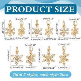 PH PandaHall 18K Gold Plated Snowflake Charms 10 Pieces Christmas Snowflake Pendant DIY Jewellery Xmas Charm Pendant Cubic Zirconia Winter Pendant for Crafting Bracelet Necklace Jewellery Making,