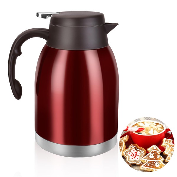 Stainless Steel Thermal Coffee Carafe Dispenser, Unbreakable Double Wall Vacuum Thermos Flask Large Capacity 56oz 1.6L Water Tea Pot Beverage Pitcher for Banquet and Party(Bright Red)