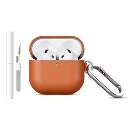 Haobobro Nappa Series Leather Case for AirPods 4th Generation 2024 - Handmade Leather Case with Carabiner & Cleaning Kit - Shockproof AirPods 4 Leather Case Protective Leather Case - Brown