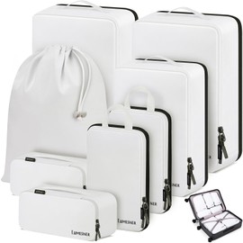 Lumesner Compression Packing Cubes, 8 Set Travel Packing Cubes for Carry on Suitcases, Compression Suitcase Organizers Bag Set & Travel Cubes (8pc - White)