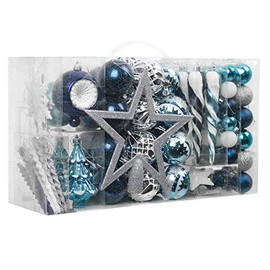 Valery Madelyn 100ct Winter Wishes Christmas Ball Ornaments Assorted Blue Silver with Tree Topper, Shatterproof Christmas Tree Ornaments Bulk Decoration Xmas Home Decor