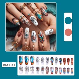 Press on Nails Fake Nails Medium Long Coffin Square French Tip Glue on Nails Glossy Acrylic Stick on Nails Full Cover False Nails for Women 24Pcs (Colorful Mandala Feathers BKS3161)