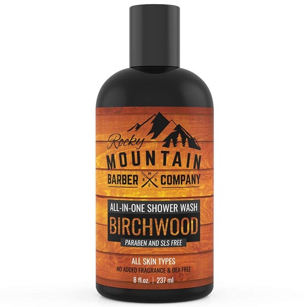 Rocky Mountain Barber Company Birchwood All-In-One Body Wash – Shampoo, Body Wash, Conditioner, Face Wash & Beard Wash with Essential Oils - 8 oz
