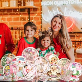 Dydamud Pink Christmas Decorations,Retro Angel Sisters Tableware Sets Vintage Santa Party Plates and Wishing Tree Napkins for Winter Xmas Holiday Party Favors