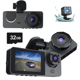 WAVANCKY 3 Channel Dash Cam Front and Rear Inside for Cars, Full UHD Car Camera with 32GB Card, IR Night Vision, 3.18” IPS Screen, 176° Wide Angle, 24H Parking Monitor, G-Sensor, Loop Recording