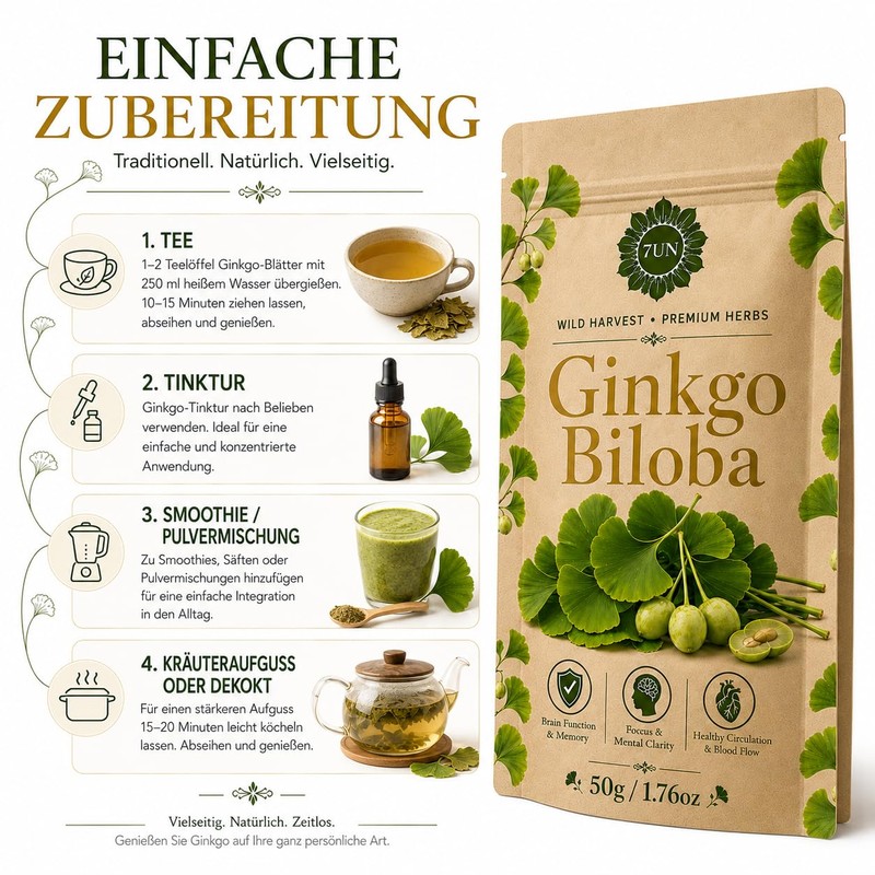 Premium Ginkgo Biloba Leaves 50 g | 100% Pure, Raw,