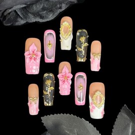 Uñas postizas acrílicas reutilizables, hechas a mano, con diseño floral 3D, rosa nude, dorado vintage, rosa y perla. Uñas postizas cuadradas de longit