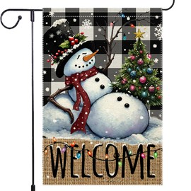 Welcome Winter Snowman Decorative Garden Flag Double Sided 12 x 18 inch, Black White Buffalo Plaid Check Snowflake Christmas Decorations, Yard Outside Holiday Farmhouse Outdoor Small Decor
