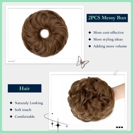 Qunlinta Messy Bun Hair Piece, 2 PCS Hair Buns Scrunchies Extensions Synthetic Fake Bun Chignon Updo Hairpieces for Women Girls Light Brown