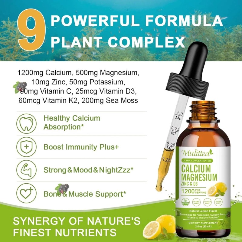 Mulittea Calcium Magnesium Zinc Drops 60ml High Absorption for Heart
