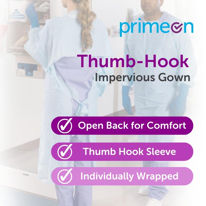 PrimeOn Impervious Medical Gown with Thumb Loops, Regular, Pack of