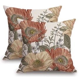 TSSOHU Vintage Flower Throw Pillow Covers 20x20 Brown Rust Colored Floral Botanical Pattern Decorative Pillows Outdoor Linen Farmhouse Cushion Case Country Pillowcase for Sofa Bed Room Decor Set of 2