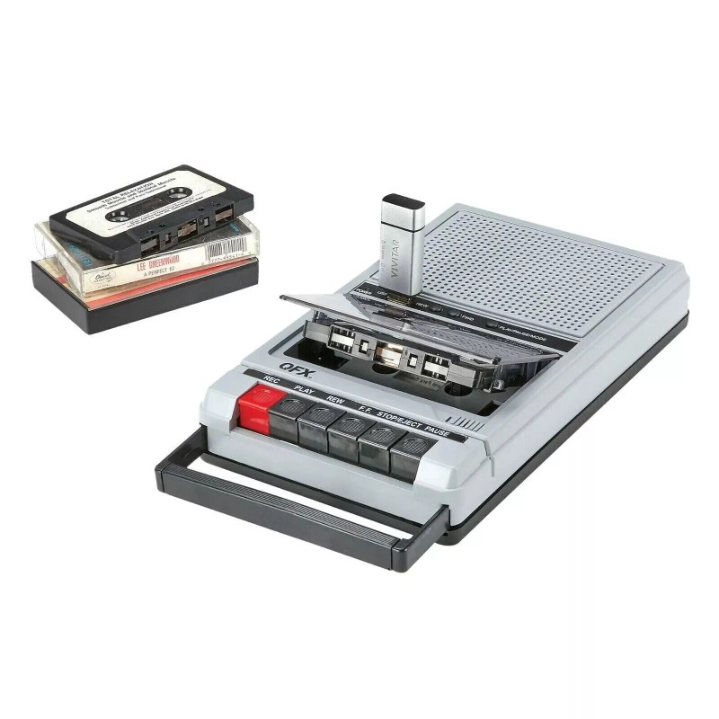 QFX Retro-40 Shoebox Cassette Tape Recorder Bluetooth AUX/USB Built Mic-silver