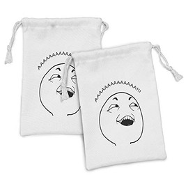 Ambesonne Humor Fabric Pouch Set of 2, Lol Guy Happy Boy Meme Face Internet Community Illustration, Small Drawstring Bag for Toiletries Masks and Favors, 9" x 6", Black and White