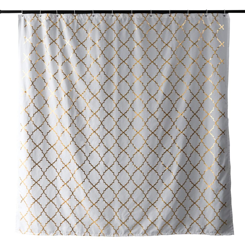 FINECITY White Shower Curtain Gold Moroccan Pattern with 12 Hooks