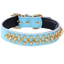 Spiked Studded Dog Collar, Genuine Leather Dog Collar, Adjustable Pet Collars for Medium Large Bulldog Pitbull Mastiff Poodle Boxer (M:29-38cm, Blue)