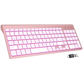 SABLUTE Wireless Keyboard with 7 Colored Backlits, Rechargeable Silent Compact Cordless Computer Keyboard with Low Profile Quiet Light Up Keys for Windows, PC, Linux, Chrome, Mac (Rose Gold)