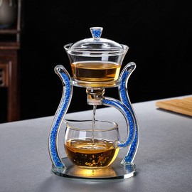 RORA Lazy Kungfu Glass Tea Set Semi Automatic Drip Rotating with Infuser Glass Teapot Set (6 cups)