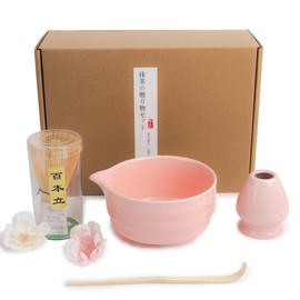 Matcha Whisk Set - Complete 4PCS Kit for Traditional Tea Ceremony, with Handcrafted Bamboo Whisk Matcha Scoop Matcha Stand Matcha Bowl (Pink)