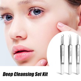 Black Head Tweezers,3 Pcs Blackhead Remover Comedone Extractor Tool Face Black Head Needle Curved Tip Acne Tweezers Kit with Metal Box Stainless Pimple Removal Tools Kit for Facial Nose Unisex